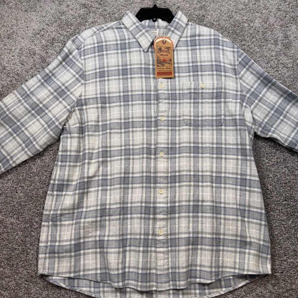 Faherty Movement Button Up Flannel Men Stretch Plaid Grey White XXL NEW - Picture 2 of 7